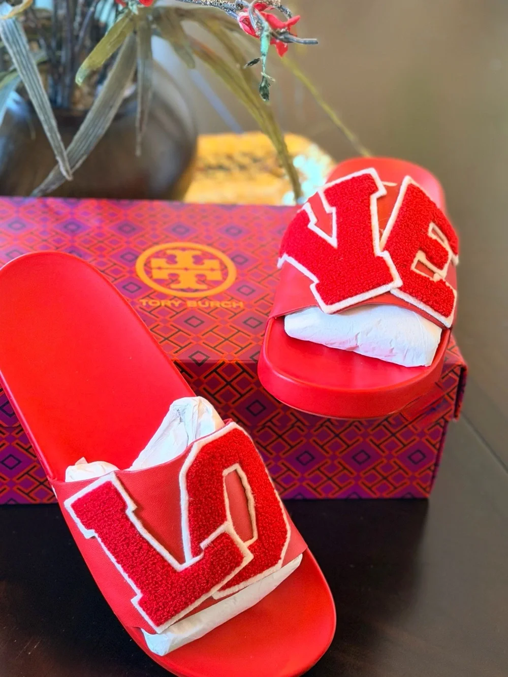 Tory Burch Red 'LOVE' Slide Sandals with Chenille Appliqué